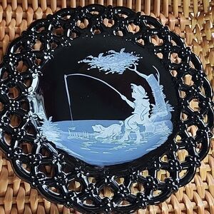 Vintage Westmoreland Glass Cutwork Plate Handpainted Boy Fishing With His Dog